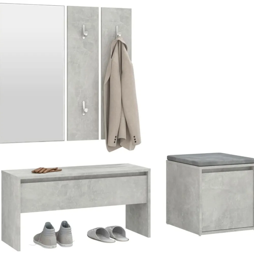 vidaXL Bancos-Juego de muebles recibidor madera contrachapada gris hormigón