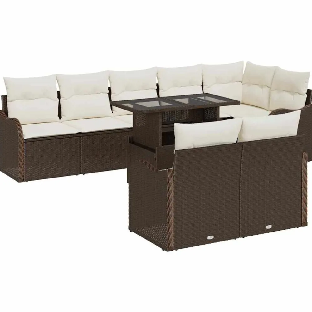 vidaXL Juego de salón con cojín 9 pcs Marrón Poliratán Marrón y crema Sale