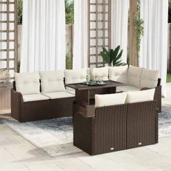 vidaXL Juego de salón con cojín 9 pcs Marrón Poliratán Marr&oacute;n y crema Sale