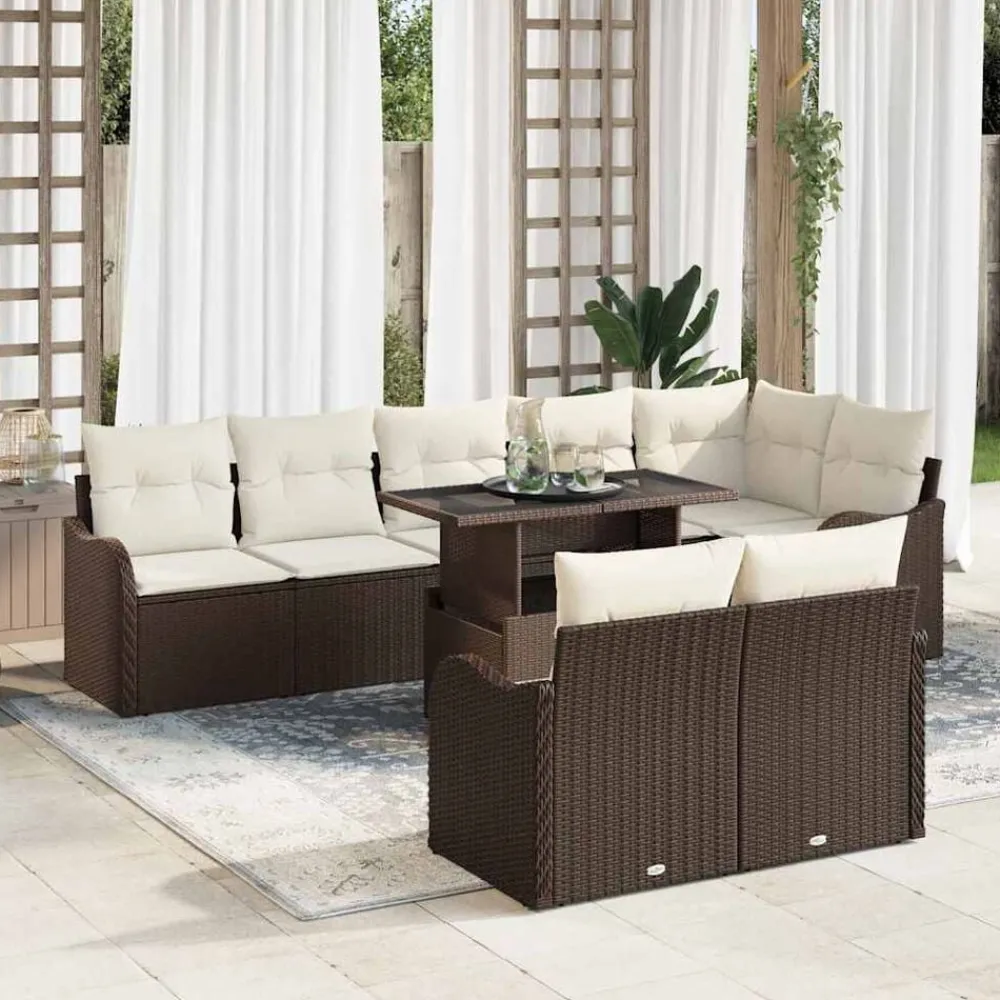 vidaXL Juego de salón con cojín 9 pcs Marrón Poliratán Marrón y crema Sale