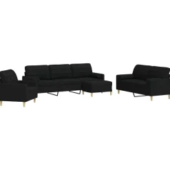 vidaXL Juego de sofá 4 piezas con reposapiés y cojines tela Negro Best
