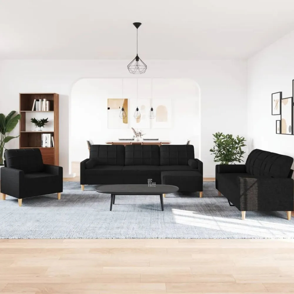 vidaXL Juego de sofá 4 piezas con reposapiés y cojines tela Negro Best