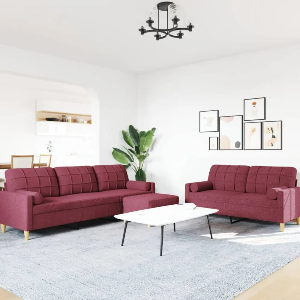 vidaXL Juego de sofá 3 piezas con reposapiés y cojines tela rojo tinto Rojo vino tinto Online