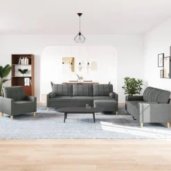 vidaXL Juego de sofás 4 pzas con reposapiés y cojines tela Gris oscuro Outlet