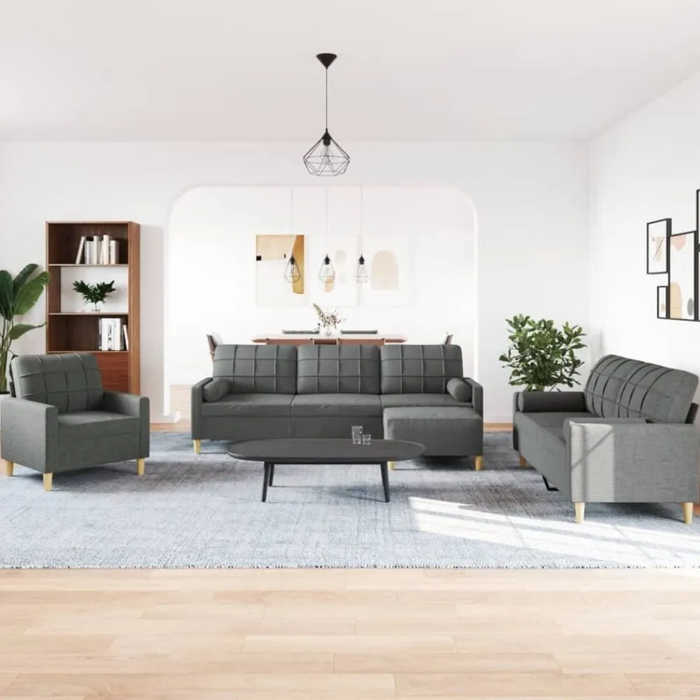 vidaXL Juego de sofás 4 pzas con reposapiés y cojines tela Gris oscuro Outlet