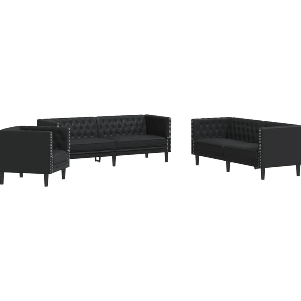 vidaXL Juego de sofás Chesterfield 3 piezas cuero sintético Negro Sale