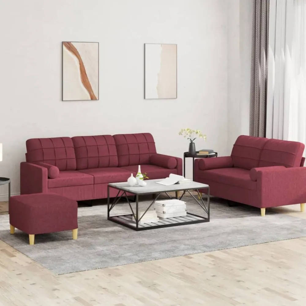 vidaXL Juego de sofás con cojines 3 piezas tela rojo tinto Rojo vino tinto Hot
