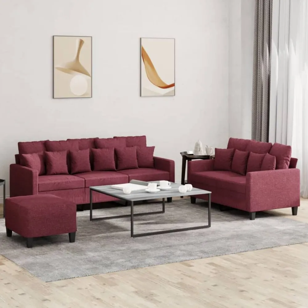 vidaXL Juego de sofás con cojines 3 piezas tela rojo tinto Rojo vino tinto