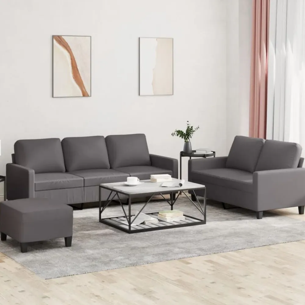 vidaXL Juego de sofás con cojines 3 piezas cuero sintético Gris Sale