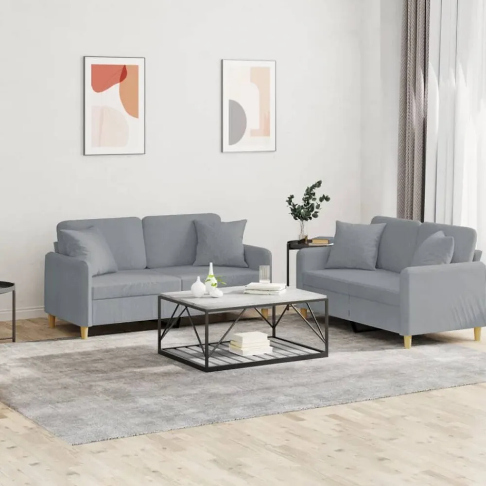vidaXL Juego de sofás con cojines 2 piezas tela Gris claro New