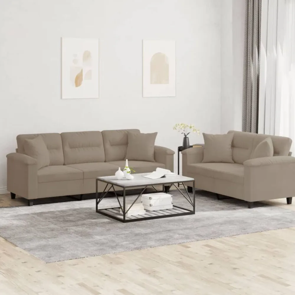 vidaXL Sofás-Juego de sofás con cojines 2 piezas tela microfibra gris taupe