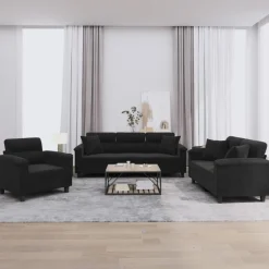 vidaXL Juego de sofás con cojines 3 piezas tela microfibra Negro Sale