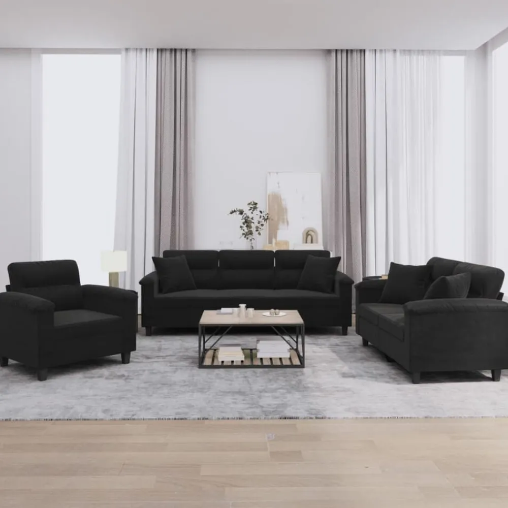 vidaXL Juego de sofás con cojines 3 piezas tela microfibra Negro Sale
