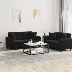 vidaXL Juego de sofás con cojines 2 piezas tela microfibra Negro Clearance