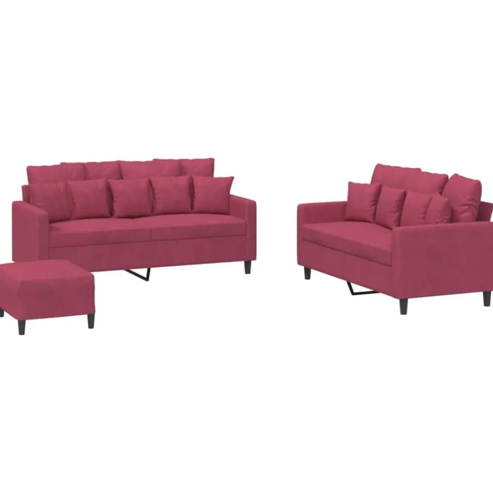 vidaXL Juego de sofás con cojines 3 piezas terciopelo rojo tinto Rojo vino tinto Discount
