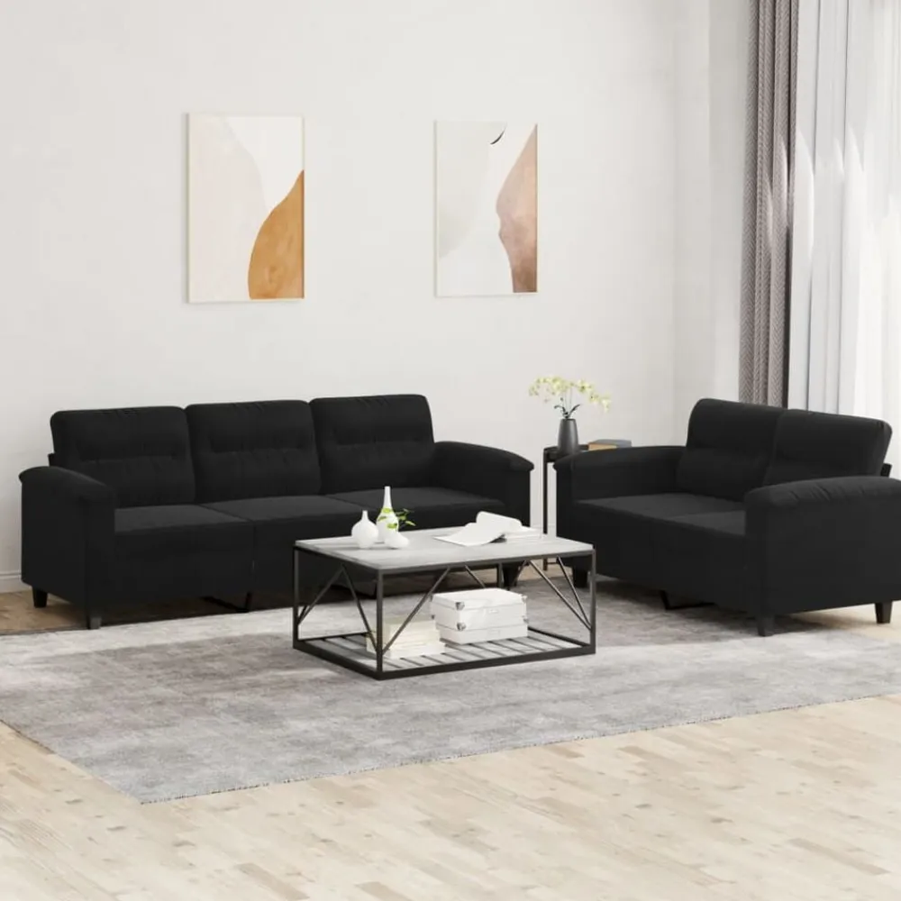 vidaXL Juego de sofás con cojines 2 piezas tela microfibra Negro Outlet