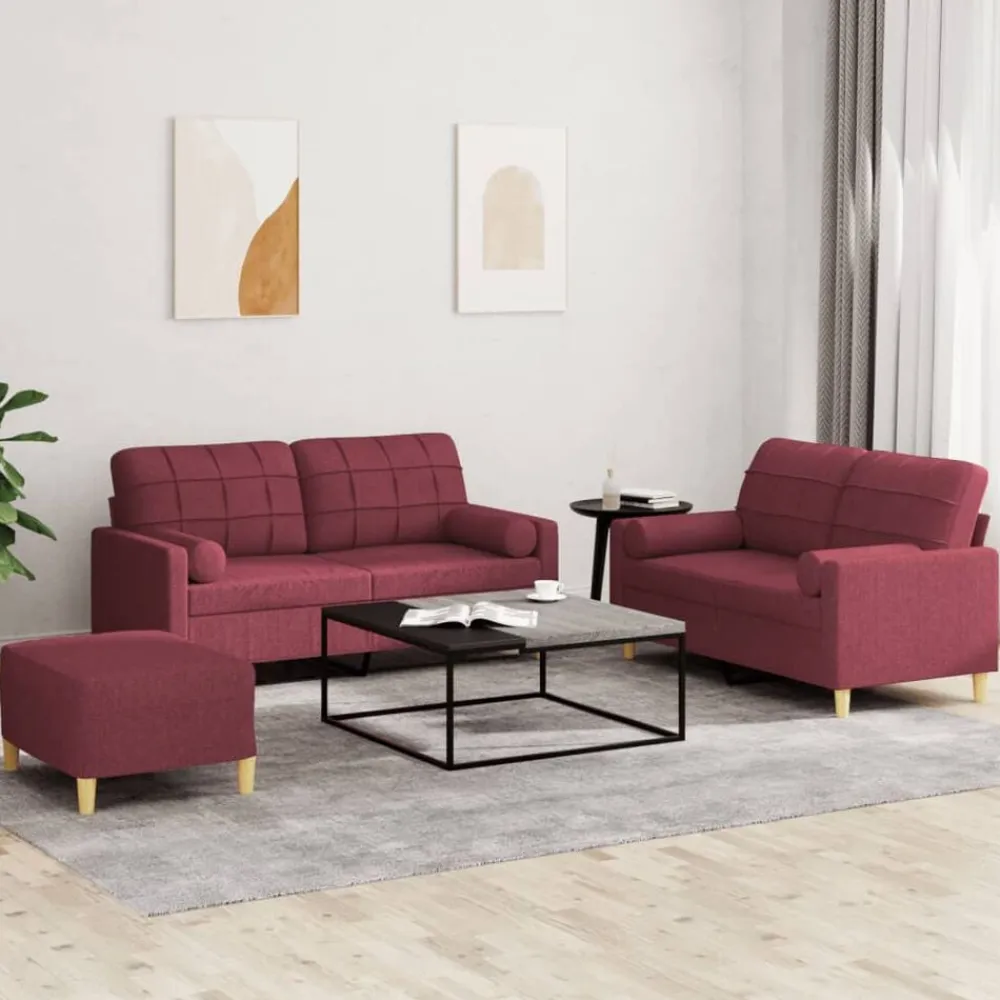 vidaXL Sofás-Juego de sofás con cojines 3 piezas tela rojo tinto