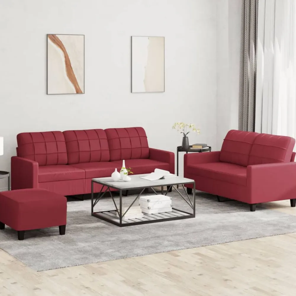 vidaXL Sofás-Juego de sofás con cojines 3 piezas cuero sintético rojo tinto