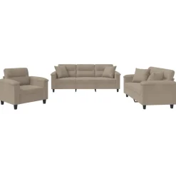 vidaXL Sofás-Juego de sofás con cojines 3 piezas tela microfibra gris taupe