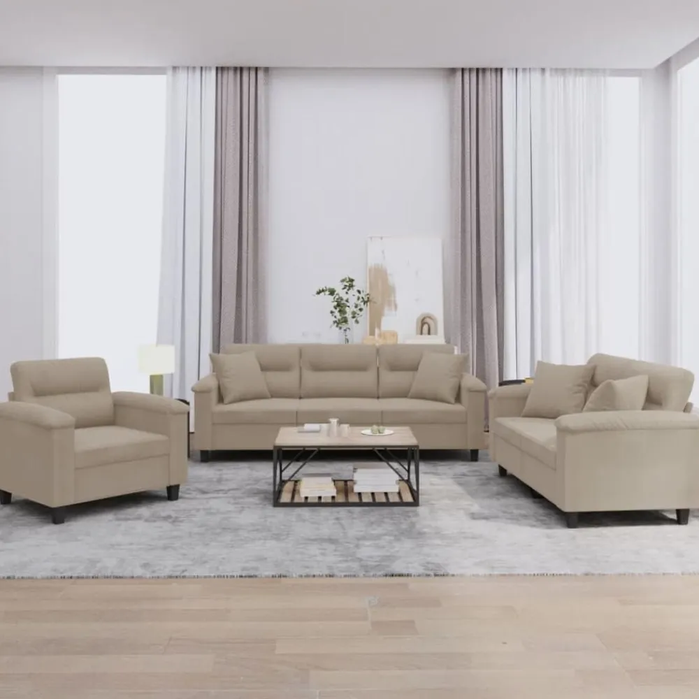 vidaXL Sofás-Juego de sofás con cojines 3 piezas tela microfibra gris taupe