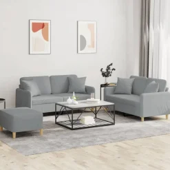 vidaXL Juego de sofás con cojines 3 piezas tela Gris claro Clearance