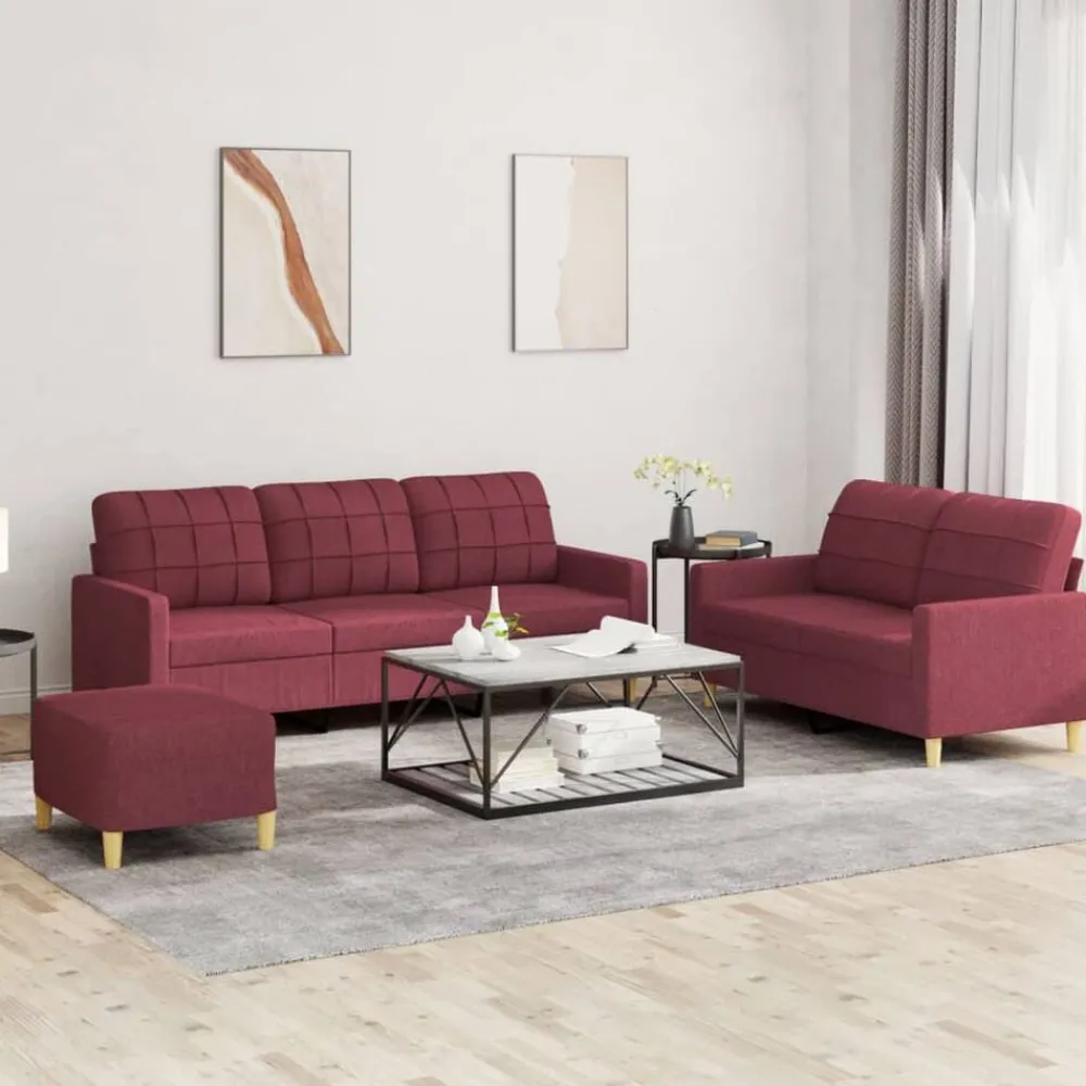 vidaXL Juego de sofás con cojines 3 piezas tela rojo tinto Rojo vino tinto Discount