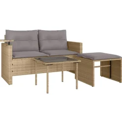 vidaXL Muebles De Jardín-Juego de sofás de jardín con cojines beige 3 pzas ratán PE