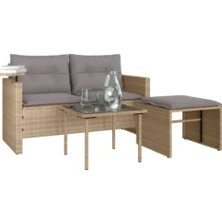 vidaXL Muebles De Jardín-Juego de sofás de jardín con cojines beige 3 pzas ratán PE