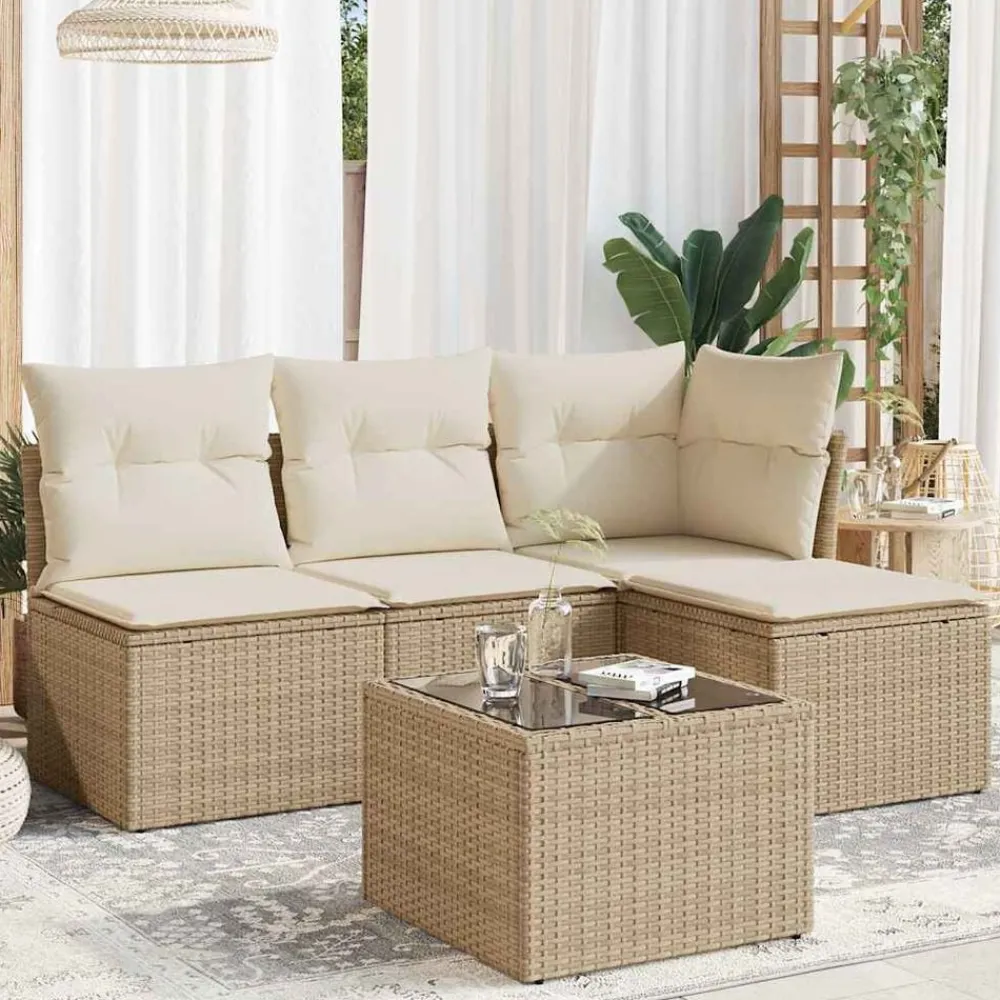 vidaXL Juego de sofás jardín con cojines 5 pzas ratán sintético beige beige y crema New
