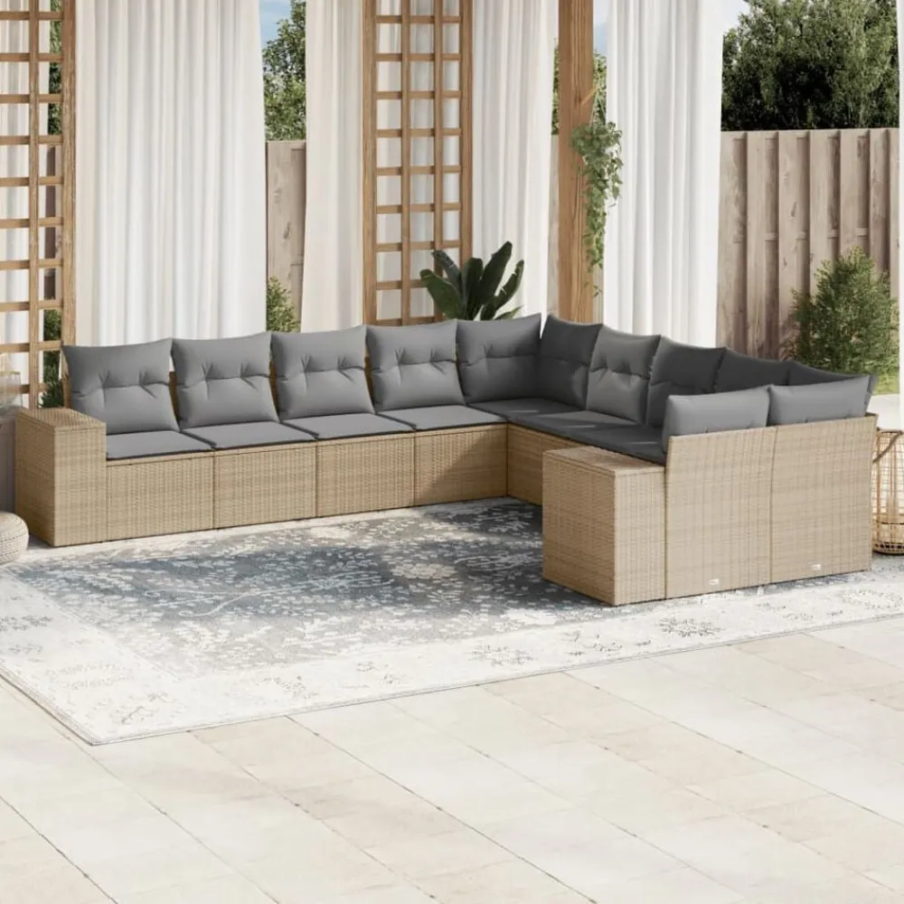vidaXL Juego de sofás jardín con cojines beige 10 pzas ratán sintético beige y gris claro Online