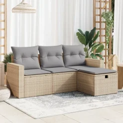 vidaXL Muebles De Jardín-Juego de sofás jardín con cojines 4 pzas ratán sintético beige