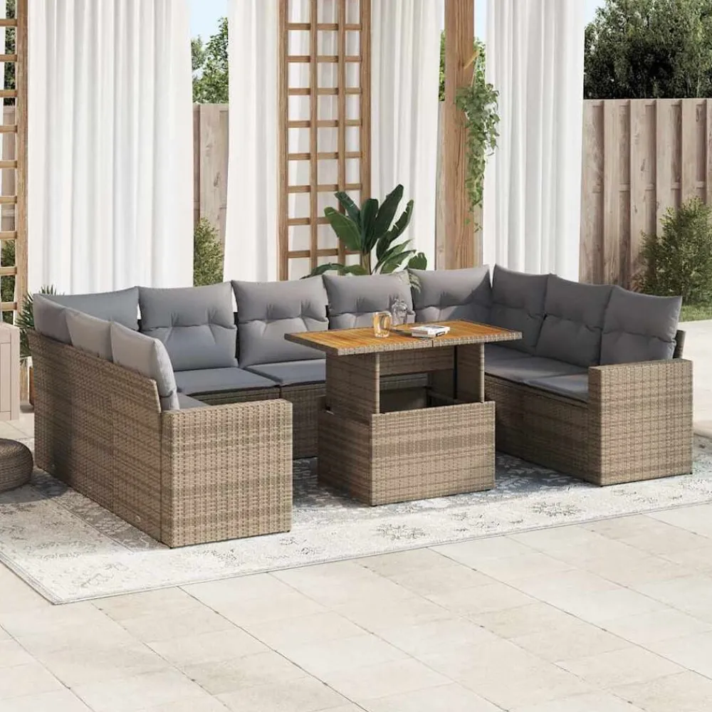 vidaXL Juego de sofás jardín con cojines beige 10 pzas ratán sintético beige y gris claro Hot