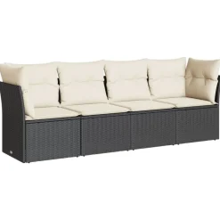 vidaXL Juego de sofás jardín 4 pzas con cojines ratán sintético negro Negro y crema New