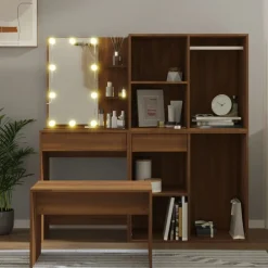vidaXL Juego de tocador con LED madera contrachapada roble marrón Marr&oacute;n roble Online