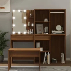 vidaXL Juego de tocador con LED madera contrachapada roble marrón Marr&oacute;n roble Online