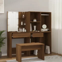 vidaXL Juego de tocador con LED madera contrachapada roble marrón Marr&oacute;n roble Online