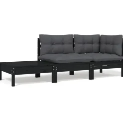 vidaXL Juego muebles jardín 3 pzas y cojines madera pino maciza Negro New