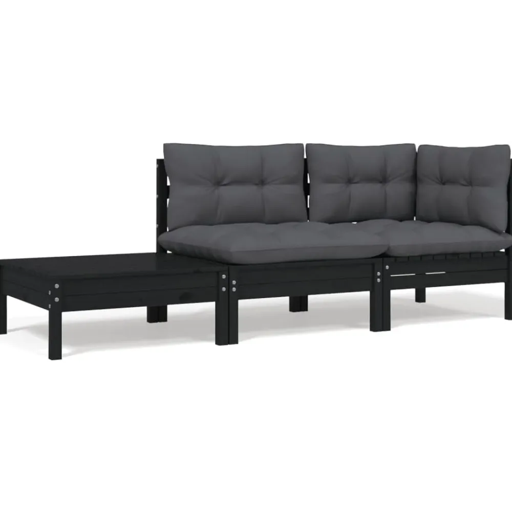 vidaXL Juego muebles jardín 3 pzas y cojines madera pino maciza Negro New