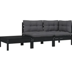 vidaXL Juego muebles jardín 3 pzas y cojines madera pino maciza Negro New