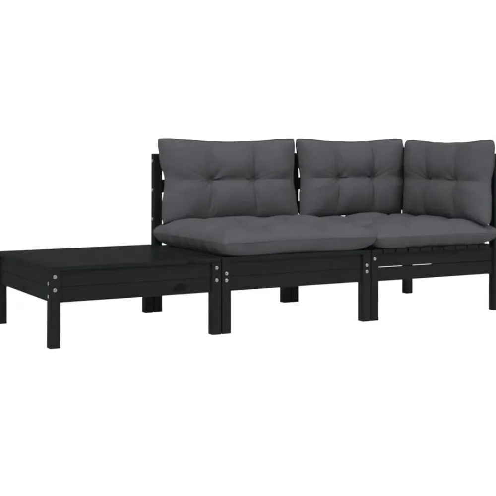 vidaXL Juego muebles jardín 3 pzas y cojines madera pino maciza Negro New