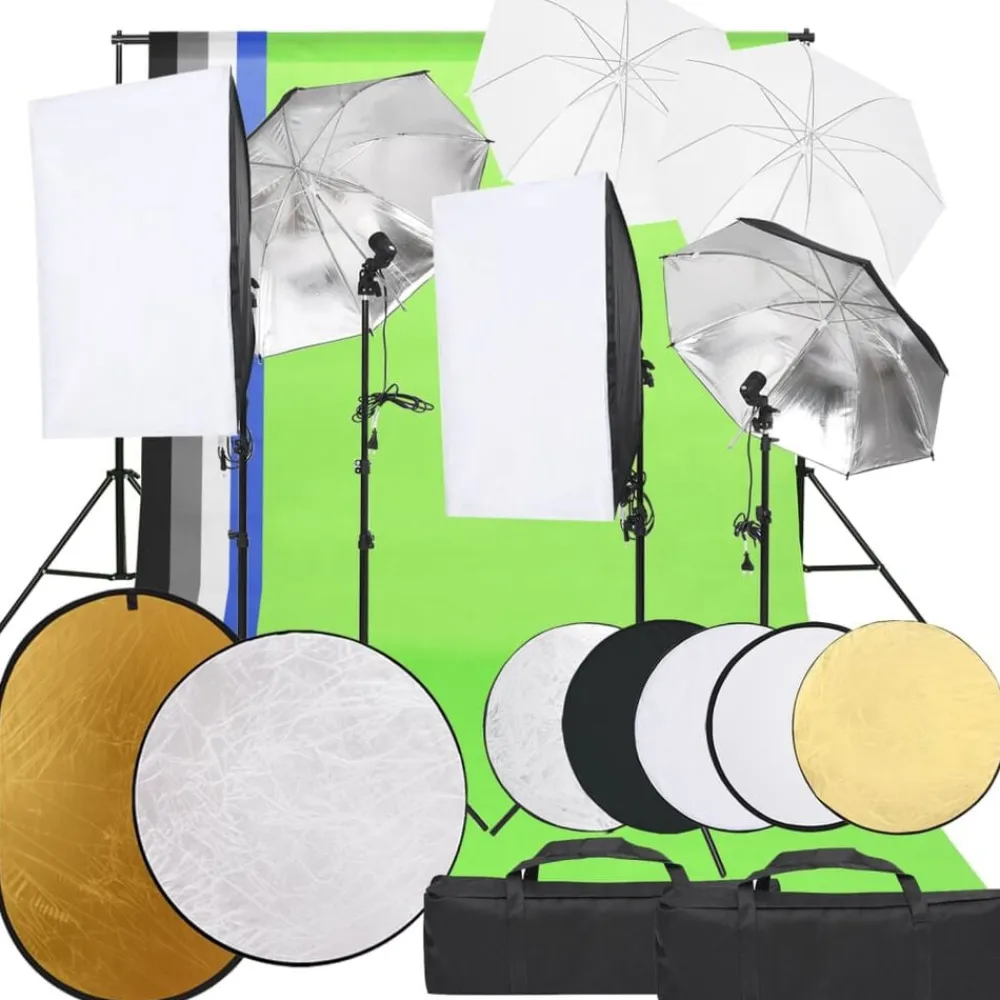 vidaXL Cámaras Y Objetivos-Kit de estudio fotográfico con set de luces, fondo y reflector