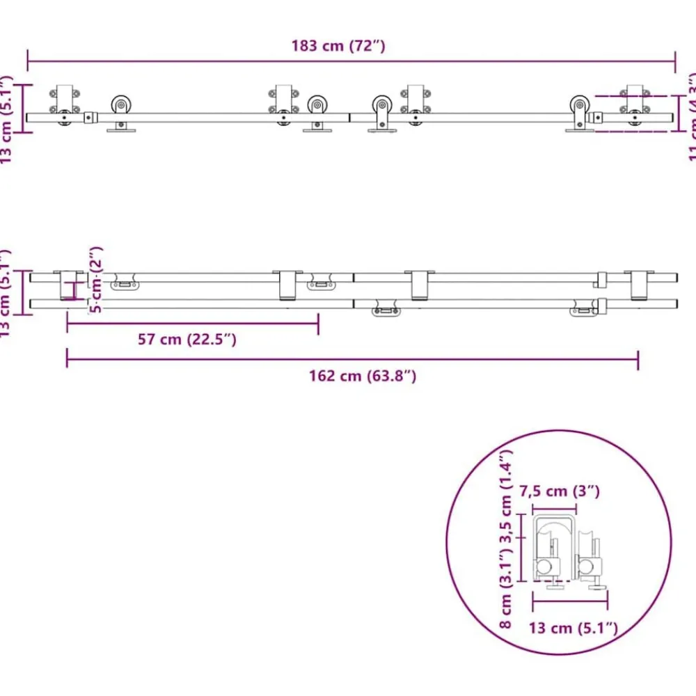 vidaXL Materiales De Construcción-Kit de herrajes para puerta corredera 183 cm acero plateado