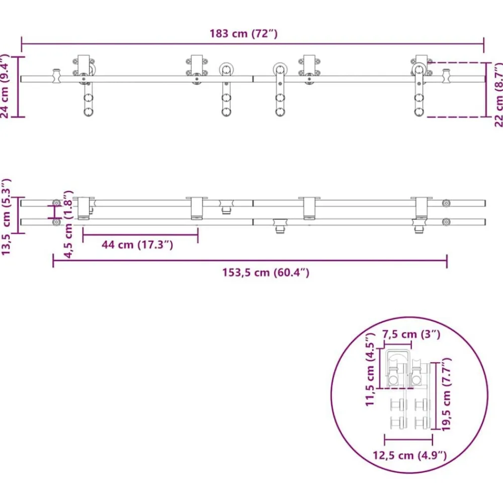 vidaXL Materiales De Construcción-Kit de herrajes para puerta corredera 183 cm acero plateado