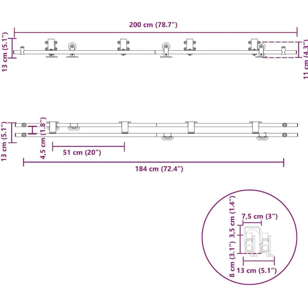 vidaXL Materiales De Construcción-Kit de herrajes para puerta corredera 200 cm acero plateado