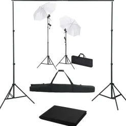 vidaXL Kit estudio fotográfico con telón de fondo, lámparas y paraguas Negro