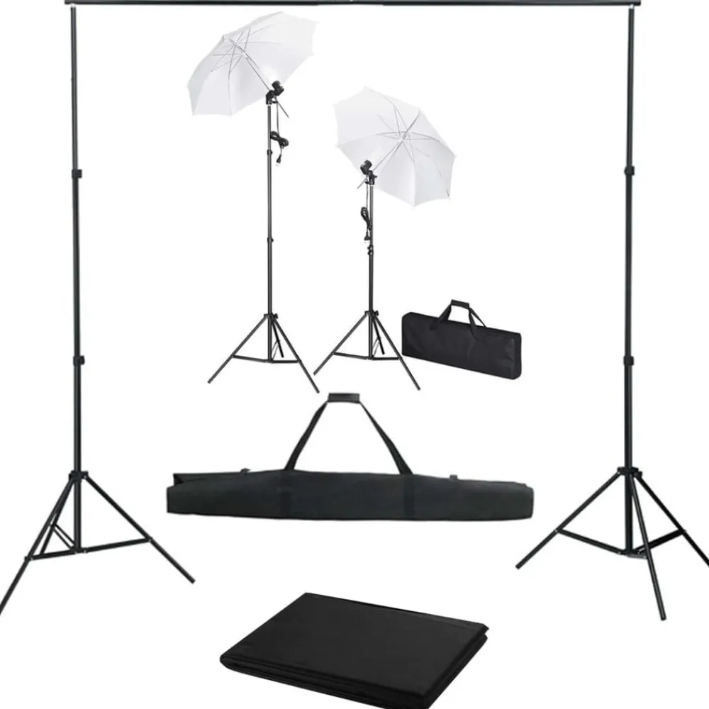 vidaXL Kit estudio fotográfico con telón de fondo, lámparas y paraguas Negro