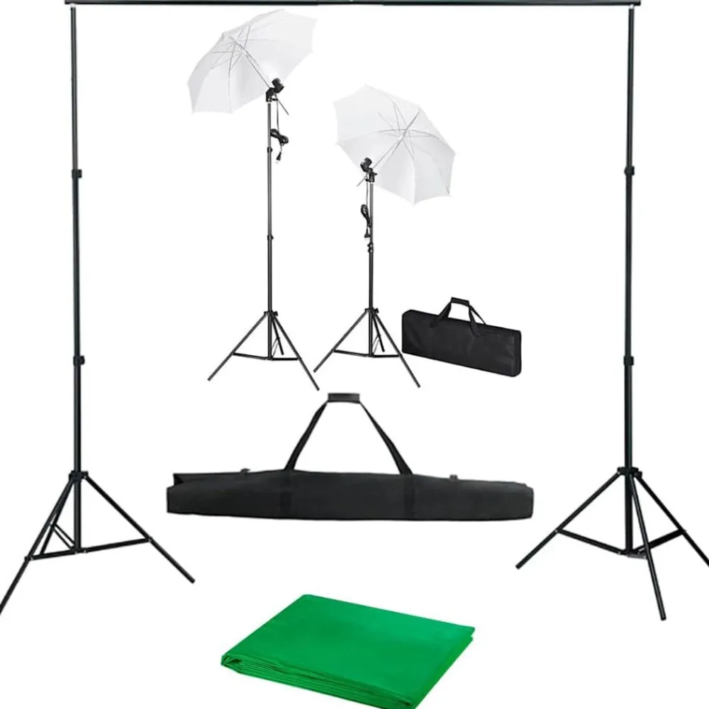 vidaXL Kit estudio fotográfico con telón de fondo, lámparas y paraguas Verde Online
