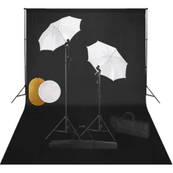 vidaXL Kit estudio fotográfico lámparas sombrillas fondo y reflector Negro Discount