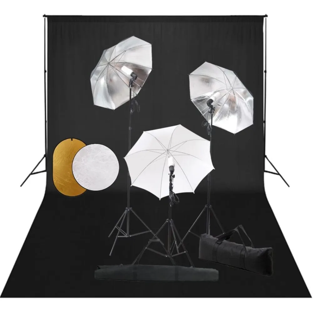 vidaXL Cámaras Y Objetivos-Kit estudio fotográfico lámparas, sombrillas, fondo y reflector