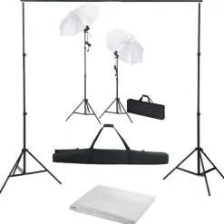 vidaXL Cámaras Y Objetivos-Kit estudio fotográfico con telón de fondo, lámparas y paraguas